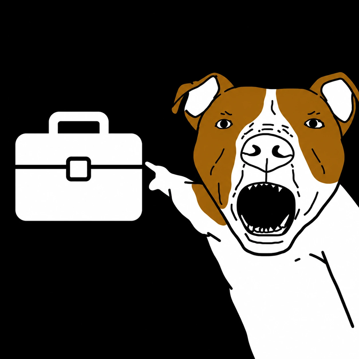 A screaming brown-and-white dog points at a white briefcase on a black background.